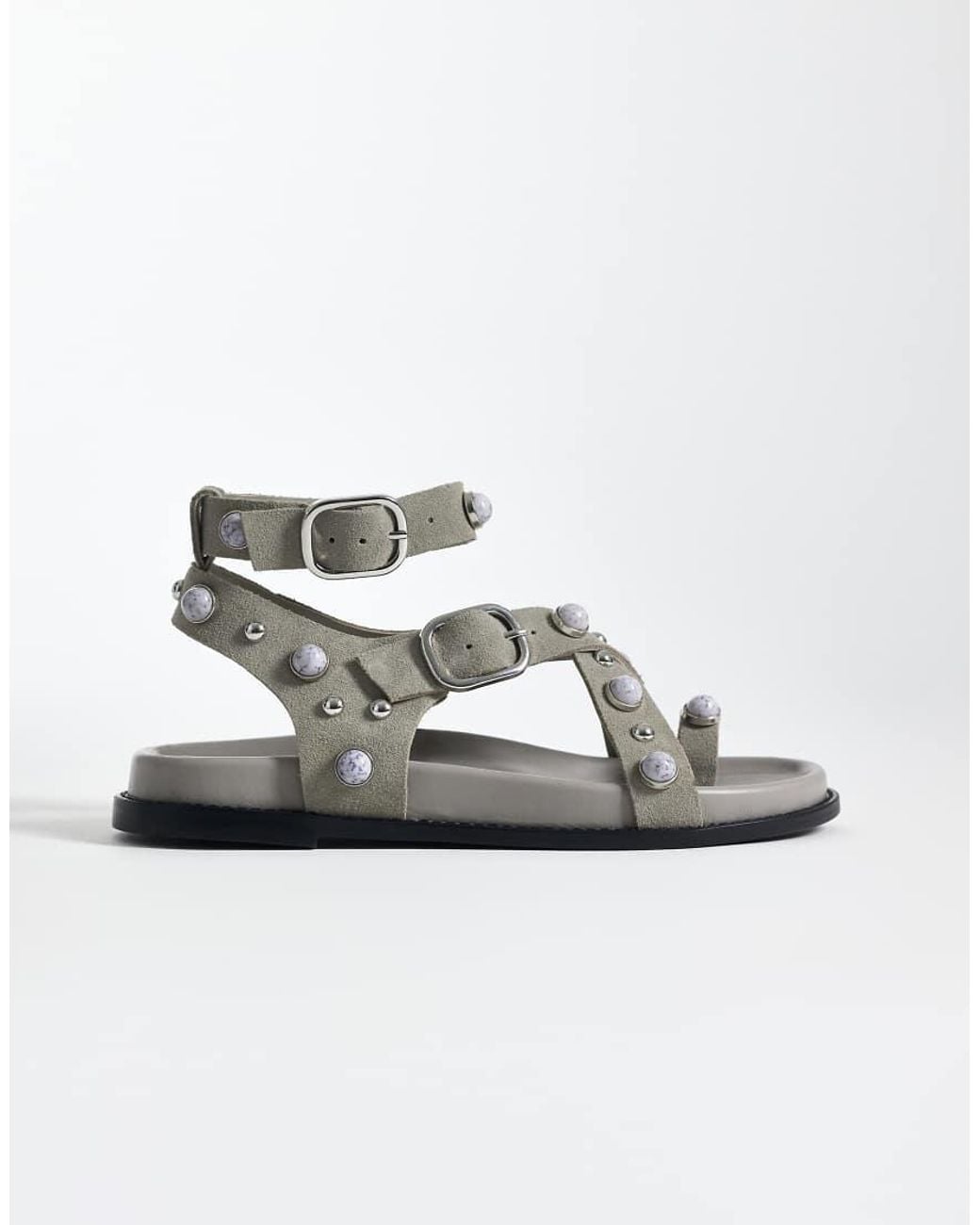 Steve Madden Metallic Linear Studded Footbed Sandals With Buckle Strap