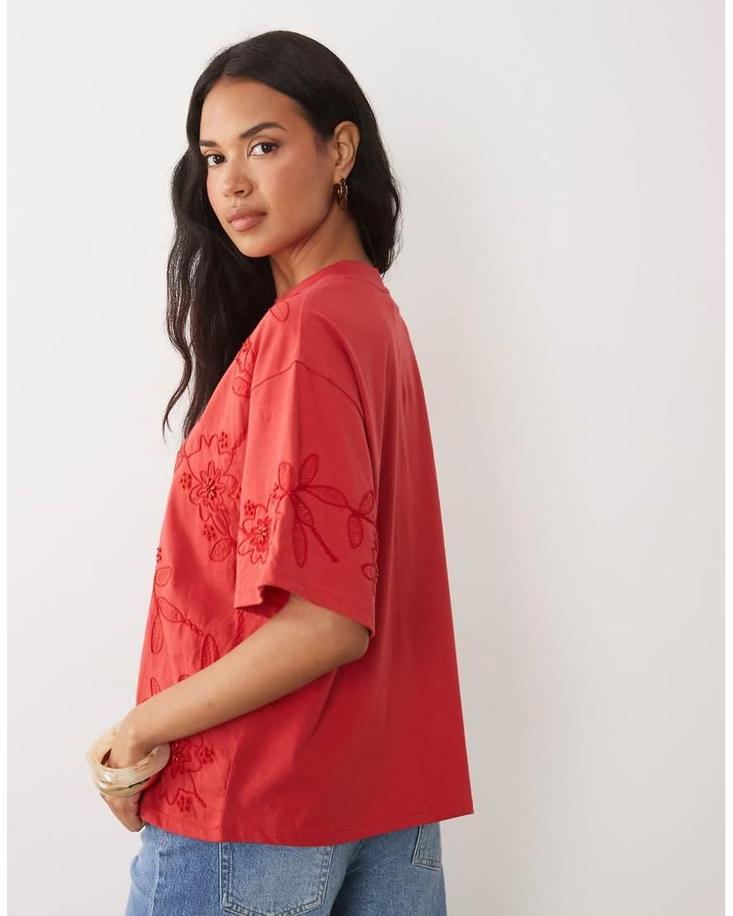ASOS Red Boxy Tee With Embellished Beaded Flowers