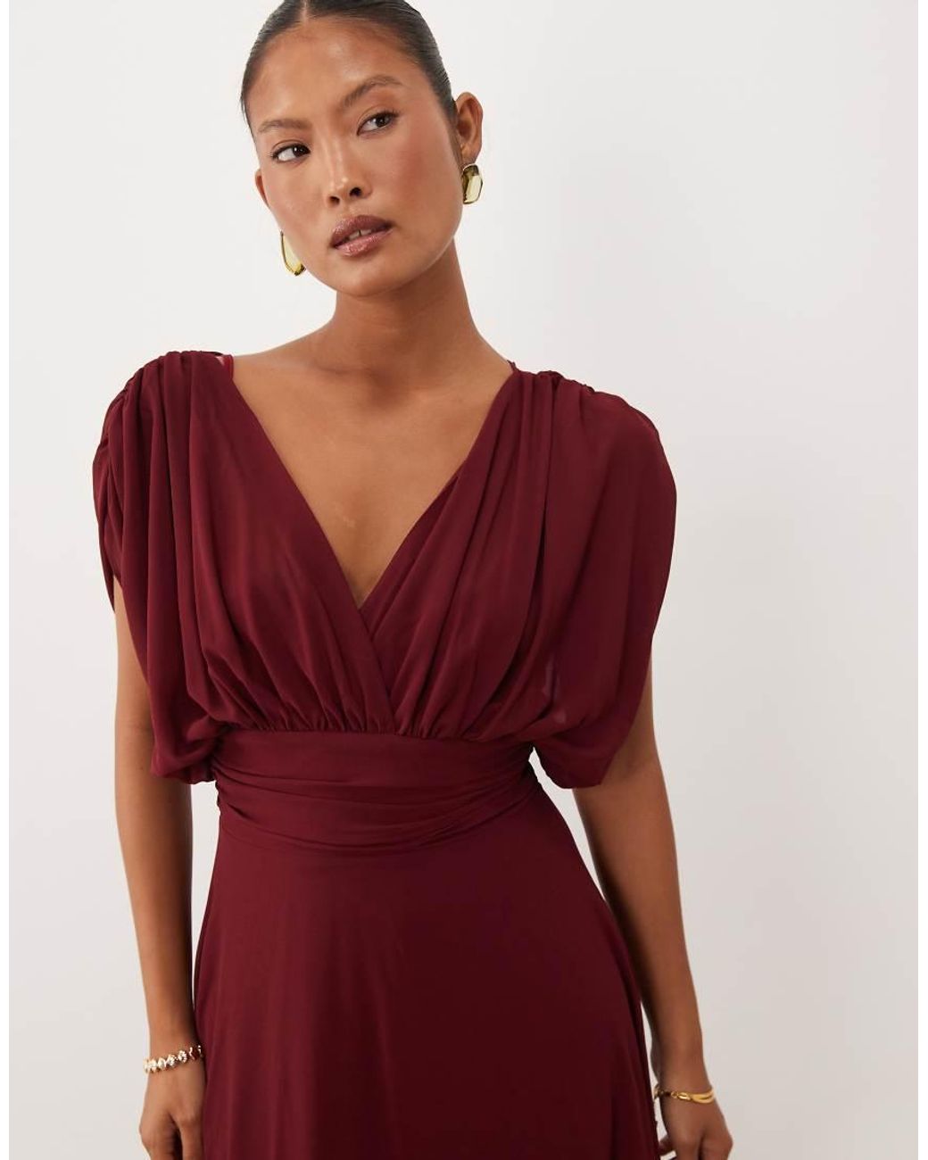 TFNC London Red Tfnc Bridesmaid Petite Chiffon V-neck Draped Sleeve Pleated Maxi Dress