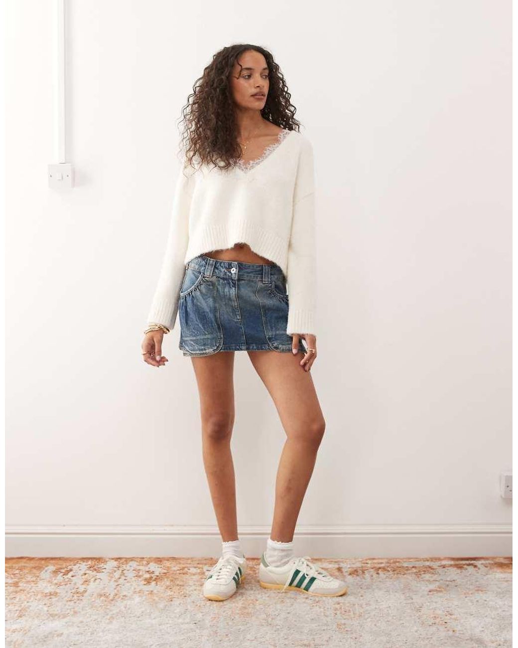 Monki White Exclusive Fluffy Knitted V-neck Jumper With Lace Trim