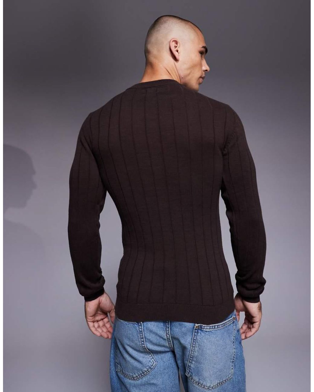 ASOS Blue Muscle Fit Long Sleeve Knitted Rib T-Shirt for men