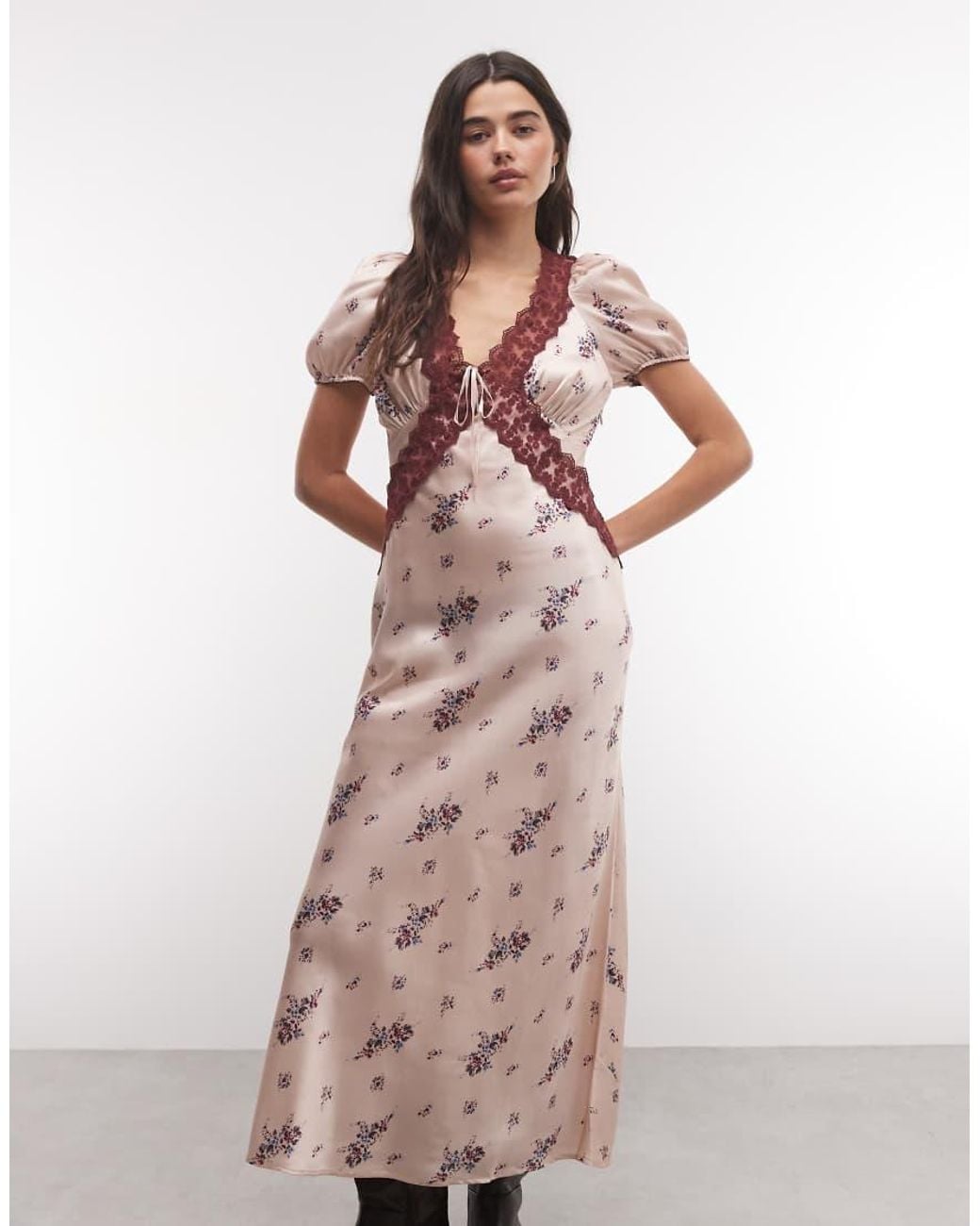 Reclaimed Vintage Pink Printed Satin Tea Dress