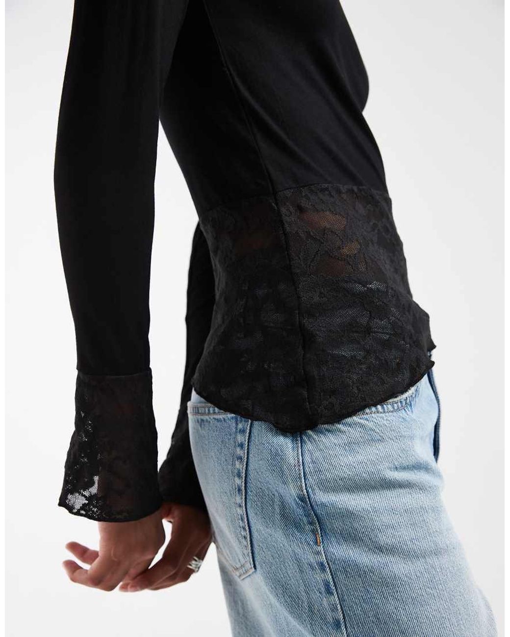 Pieces Black Long Sleeve Asymmetric Lace Top With Cuff Details