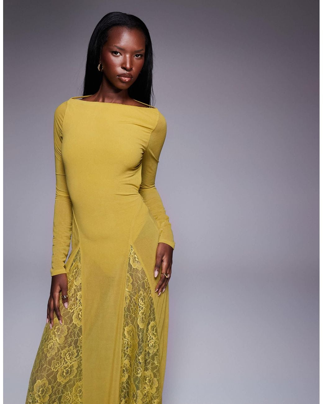 ASOS Metallic Long Sleeve Sheer Maxi Dress With Lace Panel Godets And Bodysuit