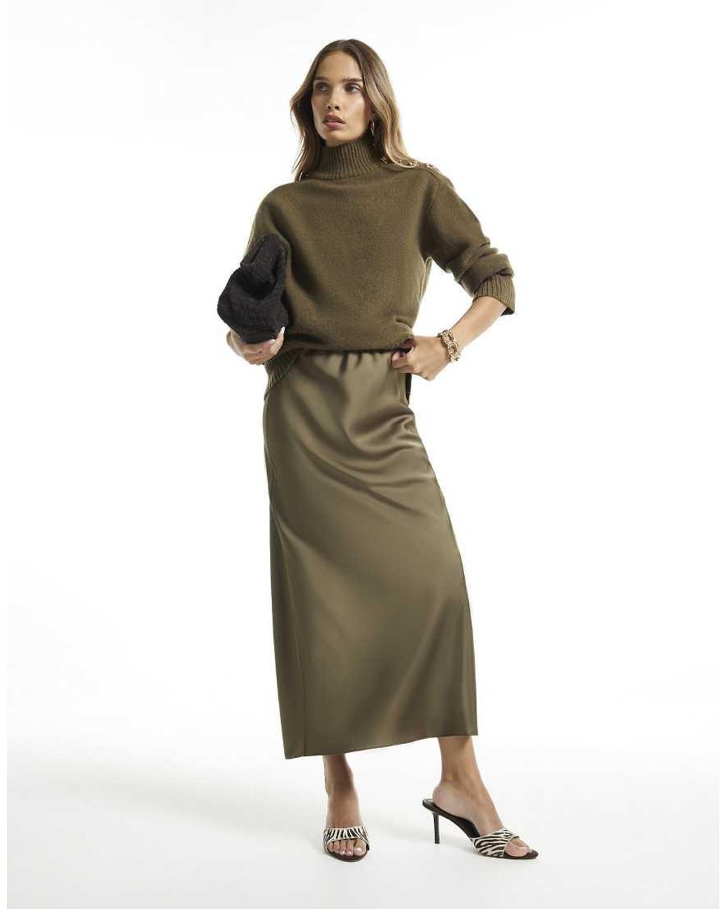 River Island Green Satin Bias Maxi Skirt