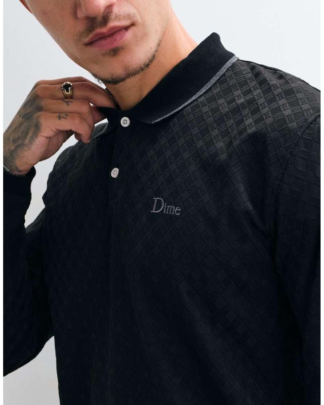 Dime Blue Jacquard Long Sleeve Logo Polo Shirt for men