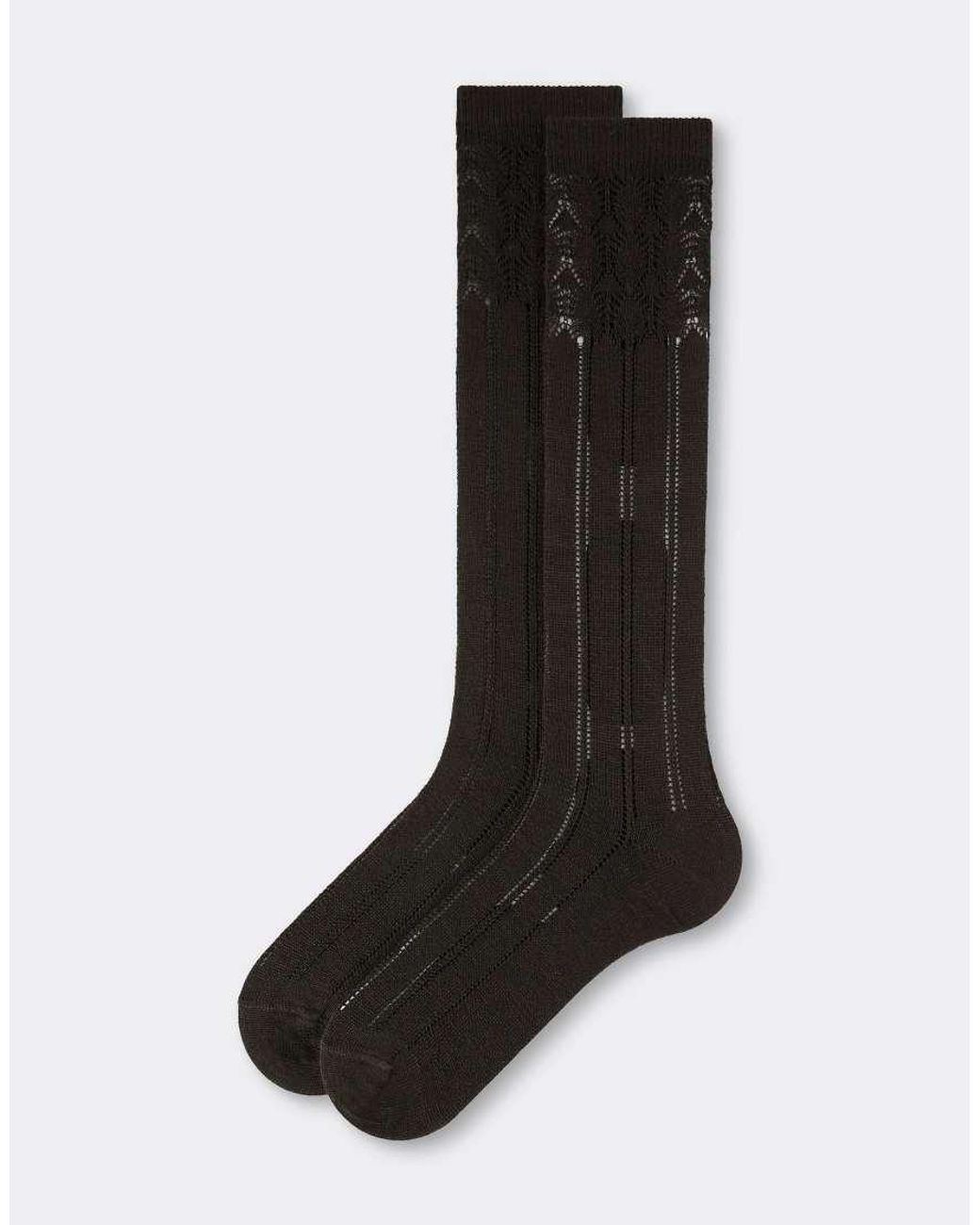 Calzedonia Black Lace-Patterned Long Socks With Wool