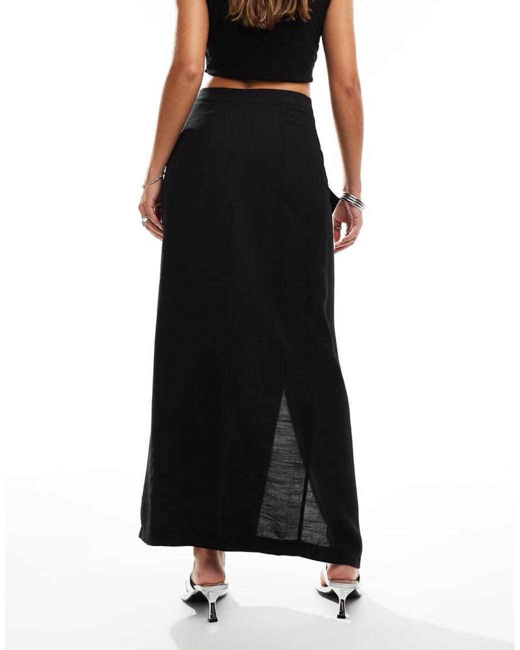 Kaiia Black Exclusive Linen Look Buckle Detail Maxi Skirt