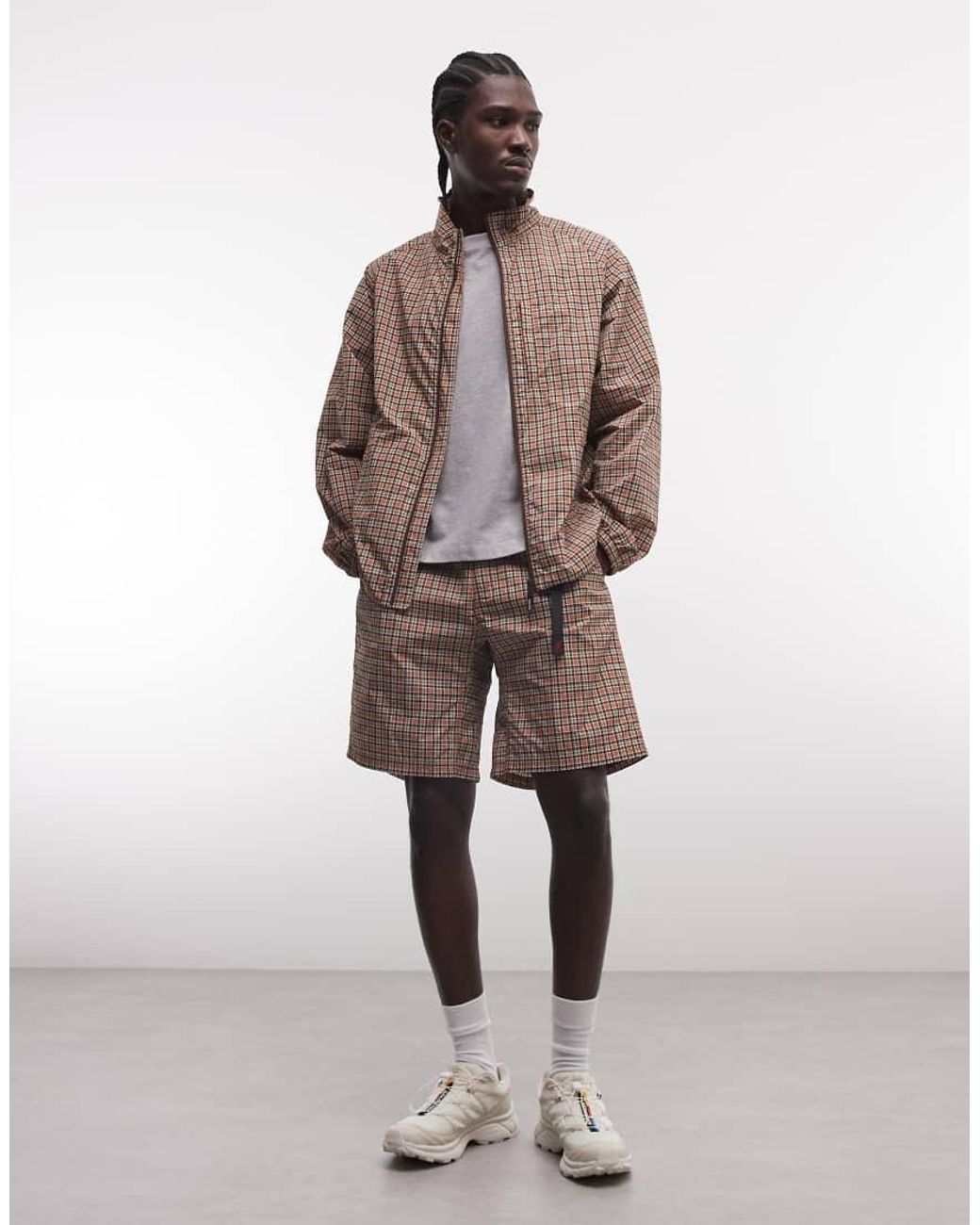 Gramicci Brown Checkered Shell Zip Up Jacket Co-Ord for men