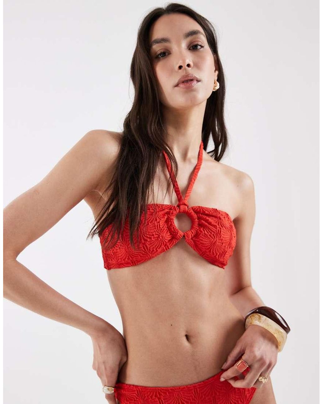 New Look Red Textu Bandeau Bikini Top