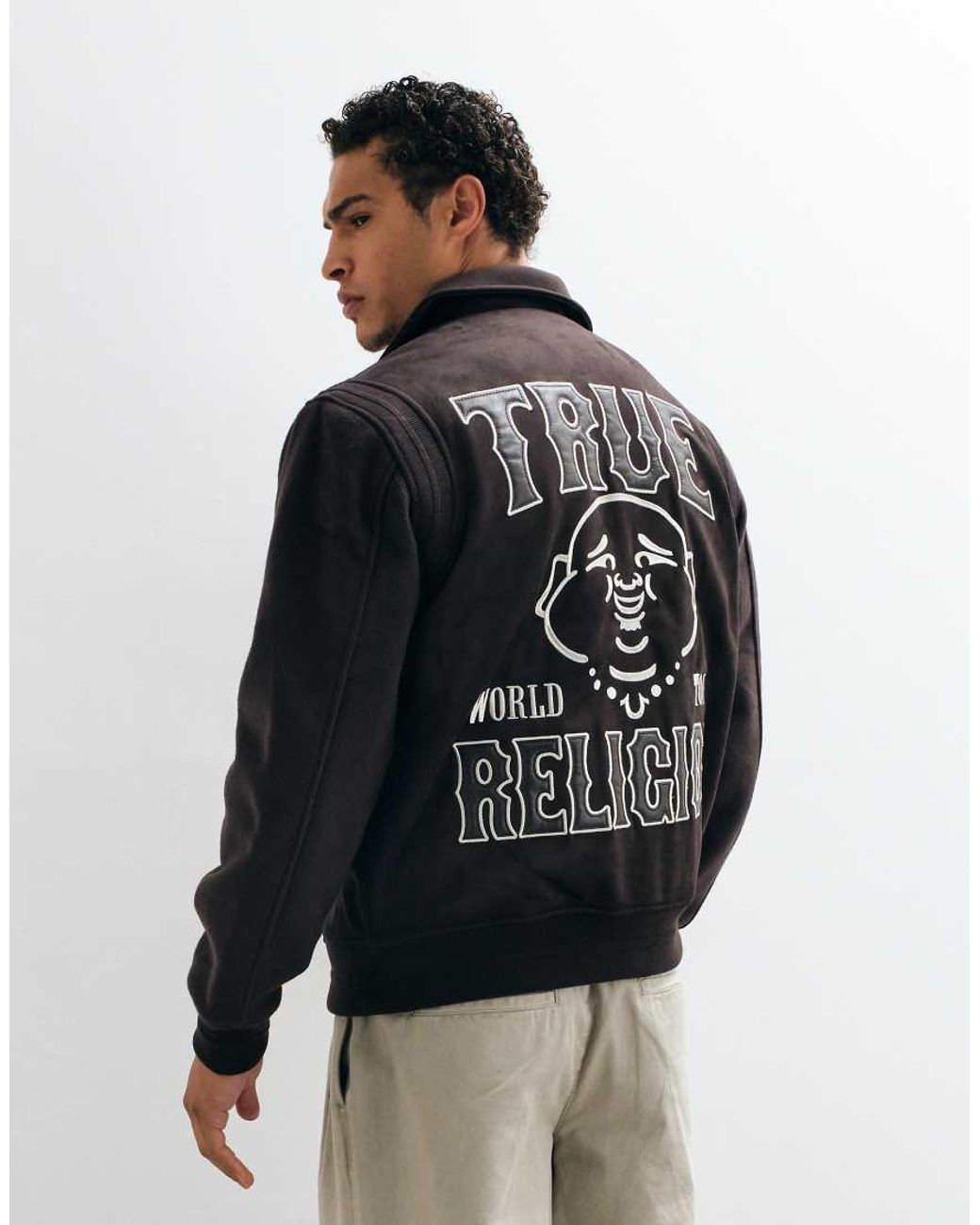 True Religion Brown Back Logo Suede Bomber Jacket for men