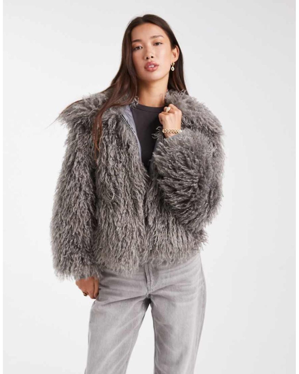 Daisy Street Brown Faux Fur Cocoon Coat With Ribbed Cuff Detailing