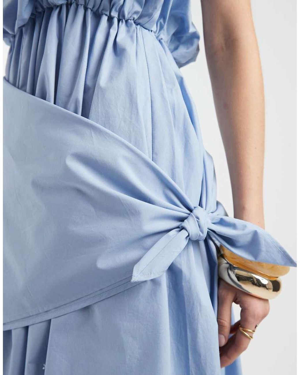 ASOS Blue Poplin Puff Midi Dress With Cinched Scarf Waist Detail