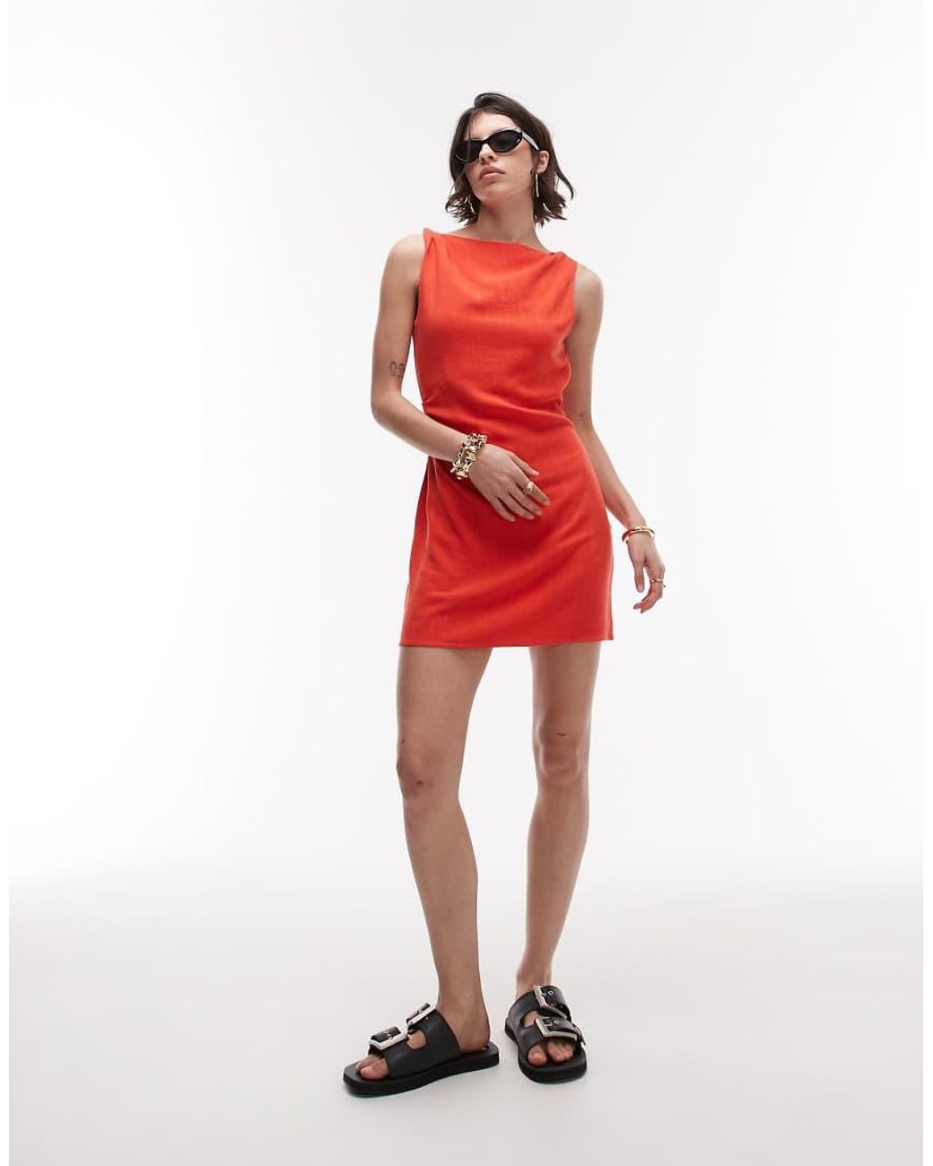 TOPSHOP Red Twist Shoulder Mini Linen Dress
