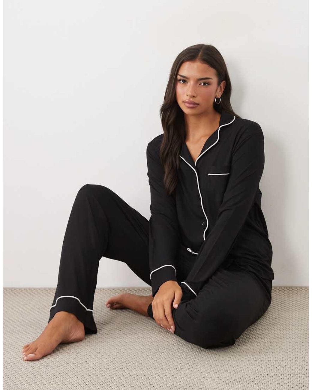ASOS Black Super Soft Long Sleeve Shirt & Trouser Pyjama Set