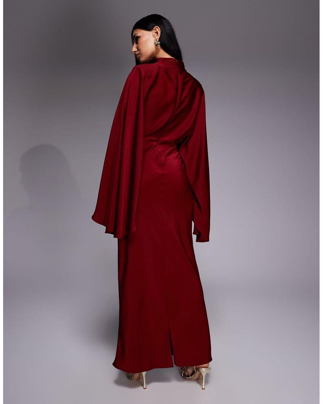 ASOS Red Funnel Neck Satin Maxi Dress With exaggerated Sleeves