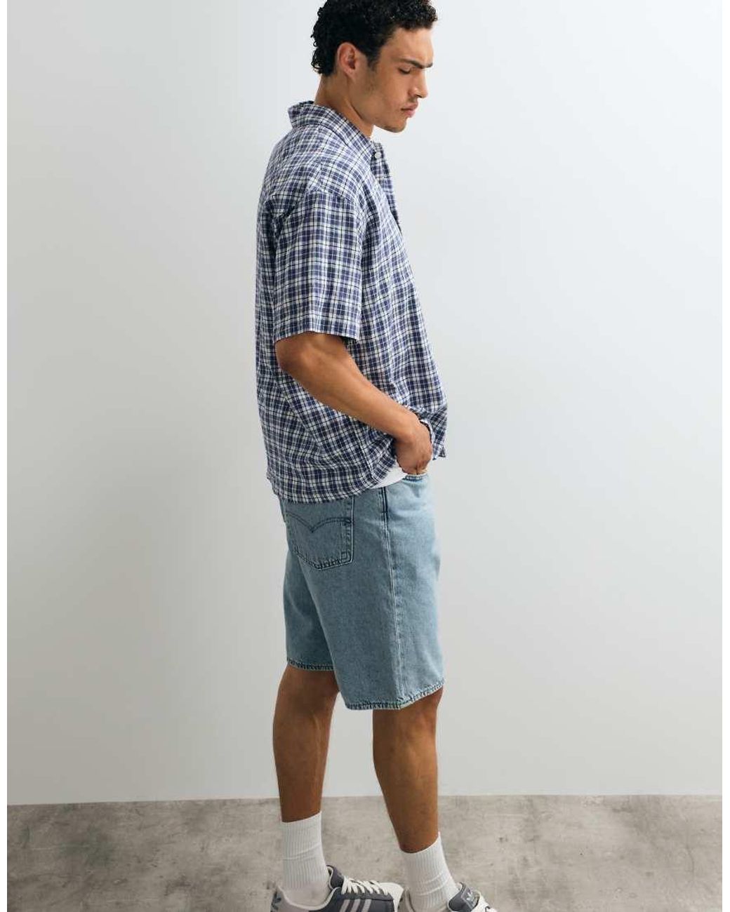 Jack & Jones Blue Linen Blend Cropped Short Sleeve Check Shirt for men