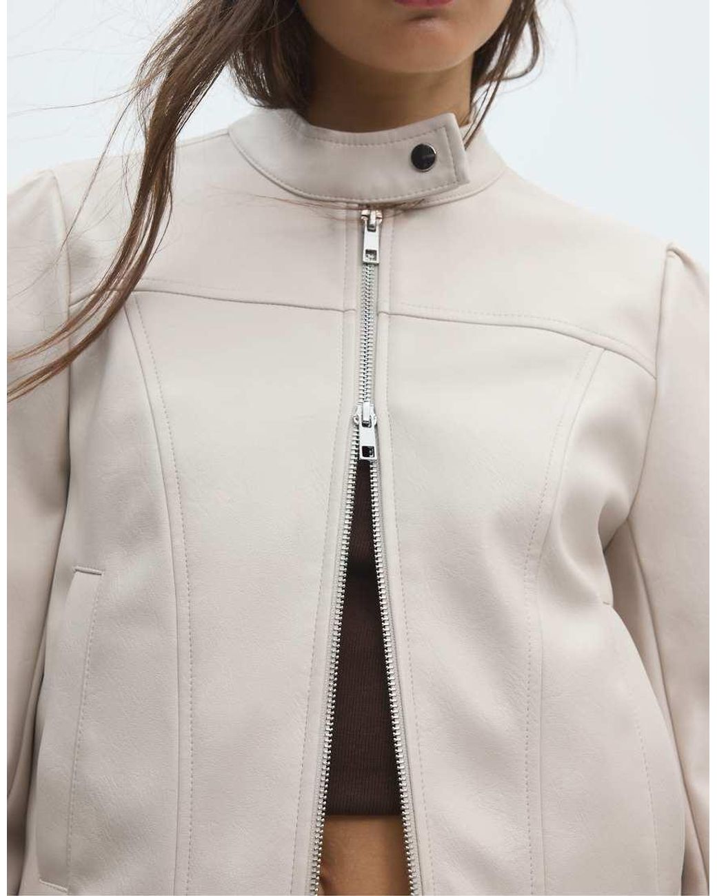 Stradivarius White Cropped Leather Effect Biker Jacket