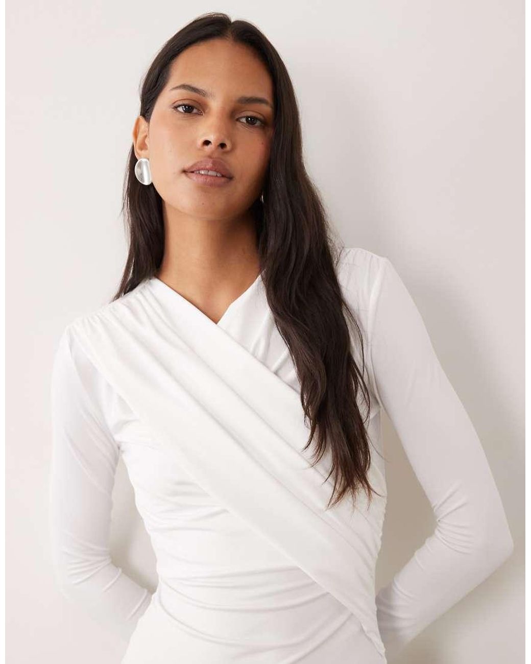 4th & Reckless Natural Slinky Wrap Ruched Detail Long Sleeve Top