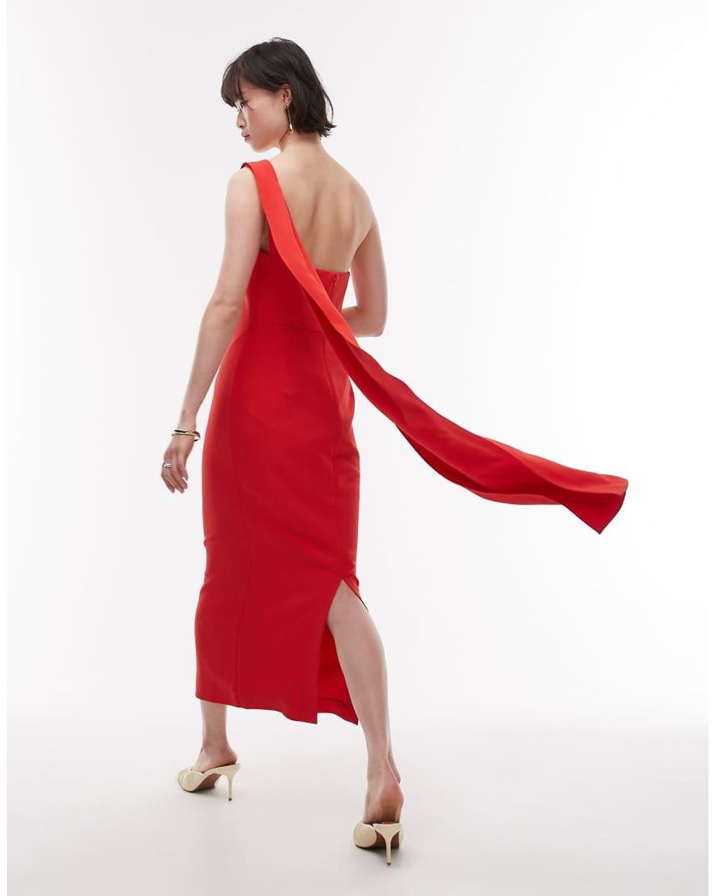 Mango Red One Sholder Draped Dress