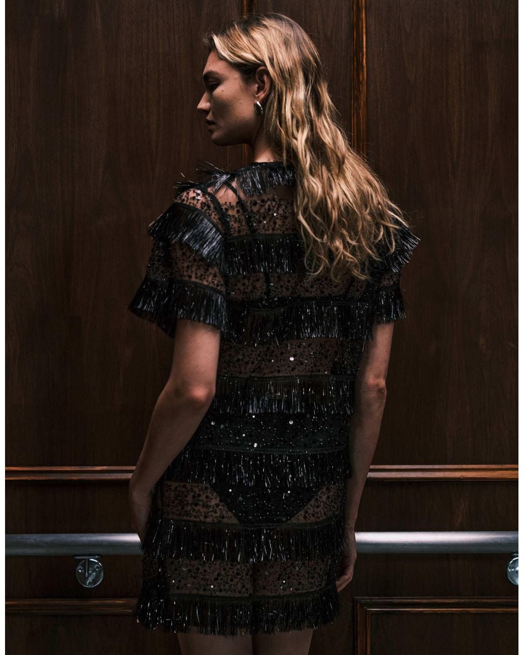Ghospell Sheer Stripe Sequin Tassel Mini T-Shirt Dress in Brown | Lyst
