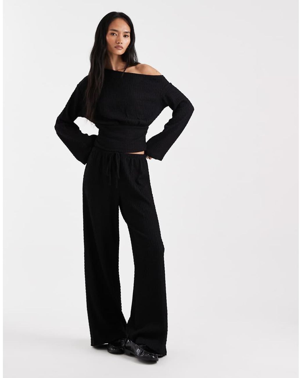 ASOS Black Mix & Match Textured Cinched Waist One Shoulder Long Sleeve Top