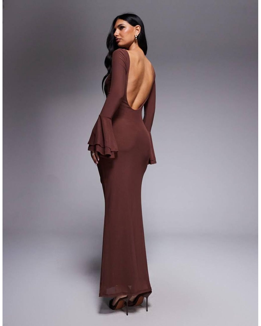 ASOS Purple Mesh Flute Sleeve Maxi With Plunge Back Detail Dress