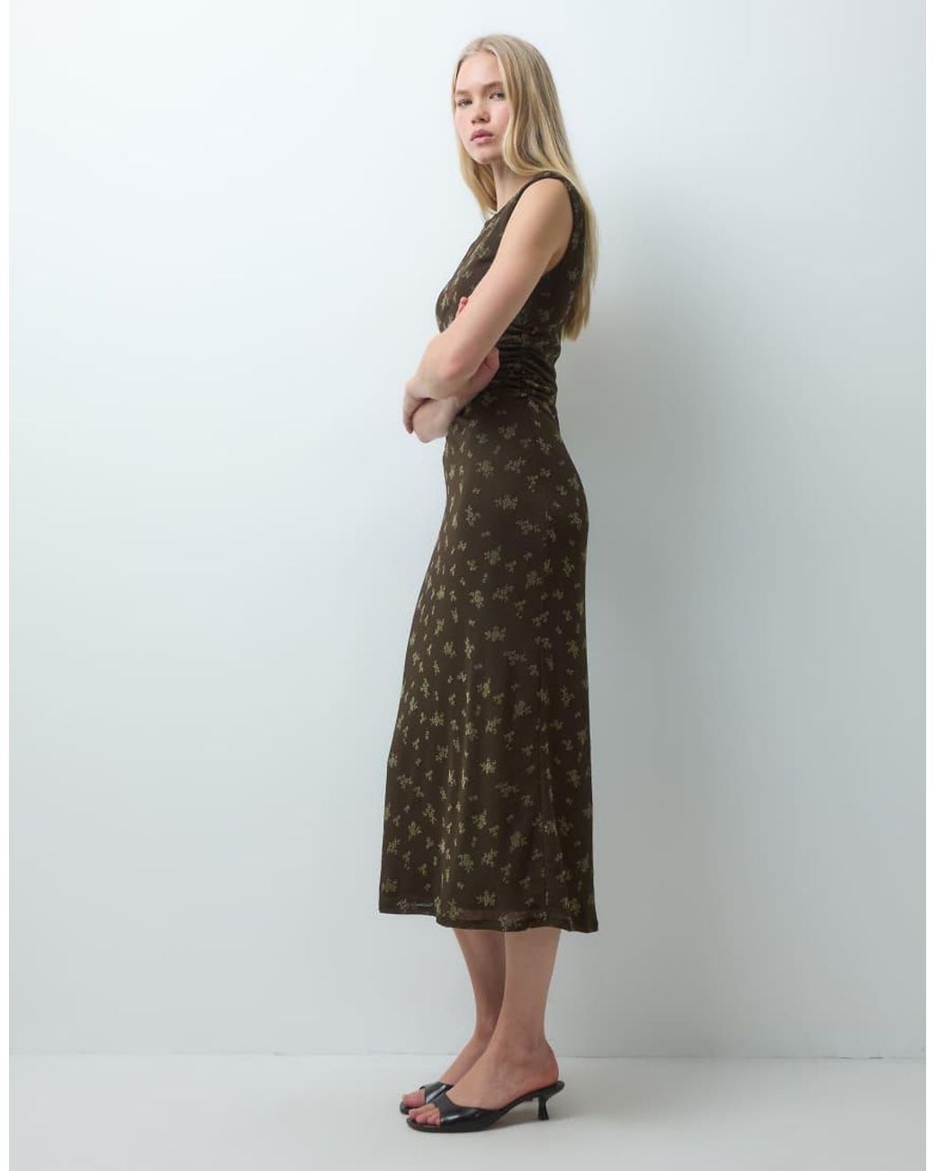 Mango Gray Plisse Sleeveless Midi Dress