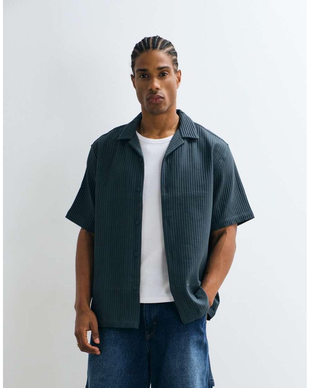 ASOS Blue Relaxed Revere Plisse Shirt for men