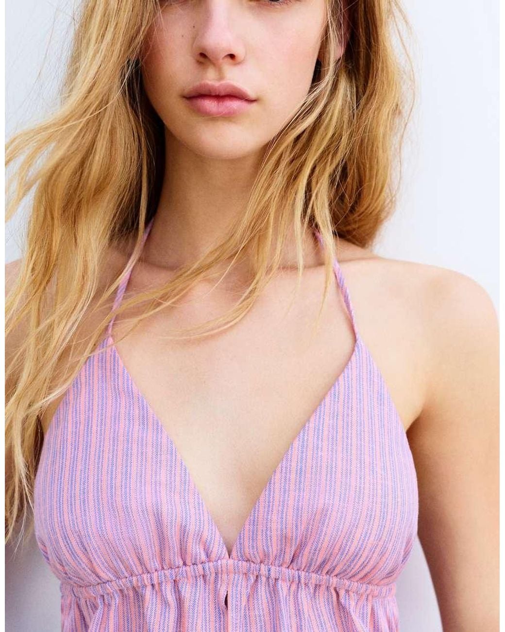 Pull&Bear Blue Striped Linen Blend Halter Top