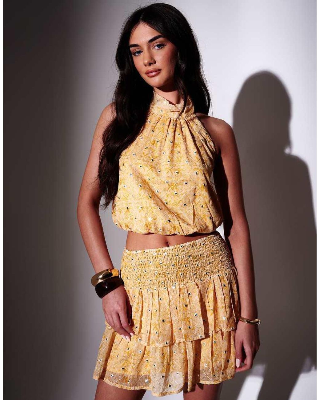 South Beach Yellow Embroidered Mirror Detail Frill Mini Skirt