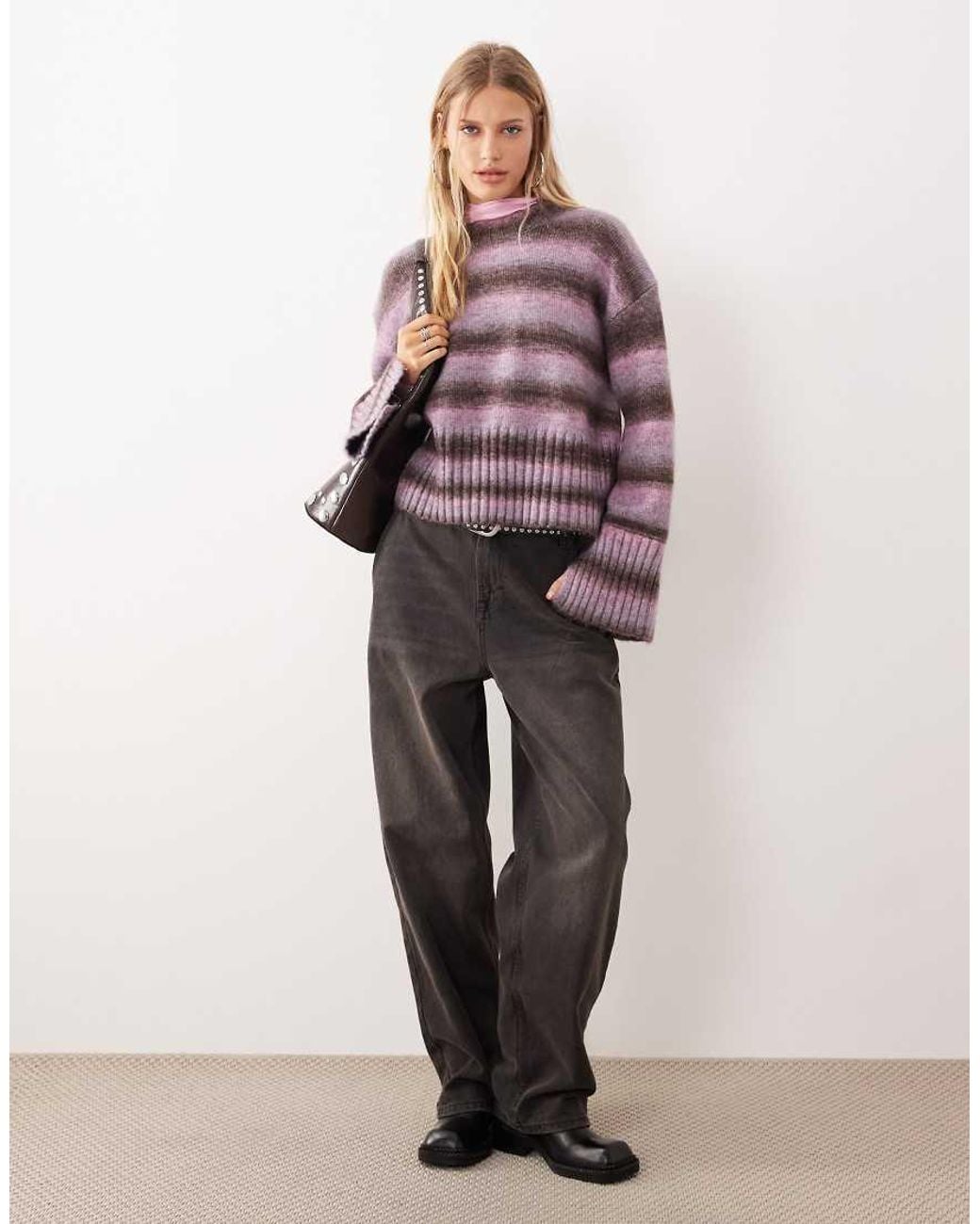 Monki Brown Boxy Jumper With Faded Stripe