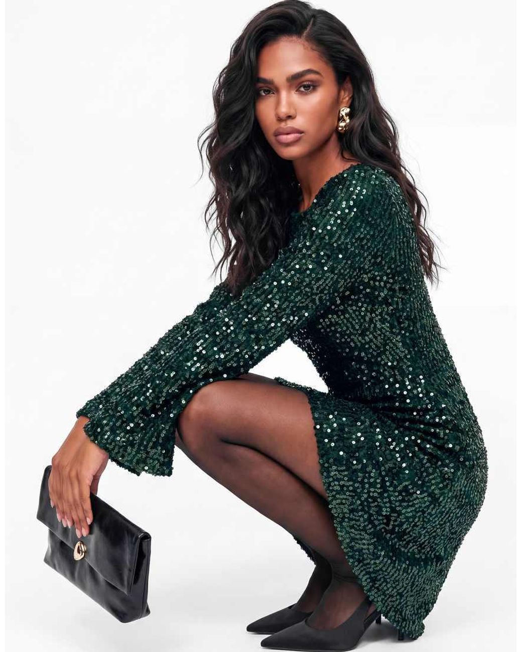 Lovedrobe Green Embellished Velvet Tie-Back Swing Mini Dress