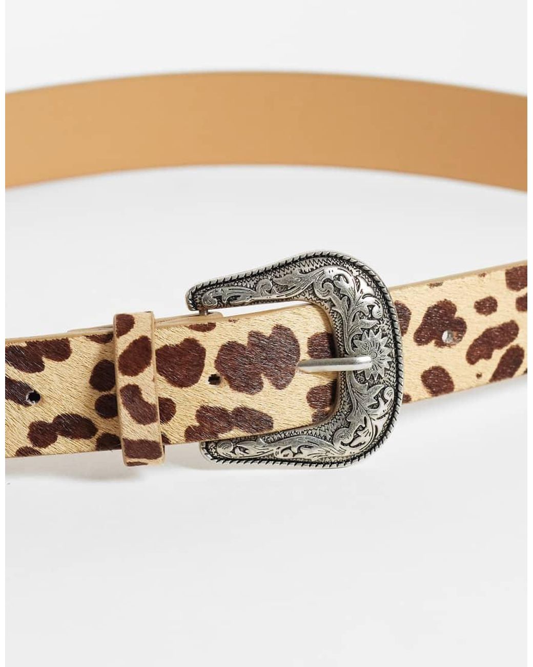ASOS Natural Western Buckle Leopard Print Cowhide Hair Belt for men