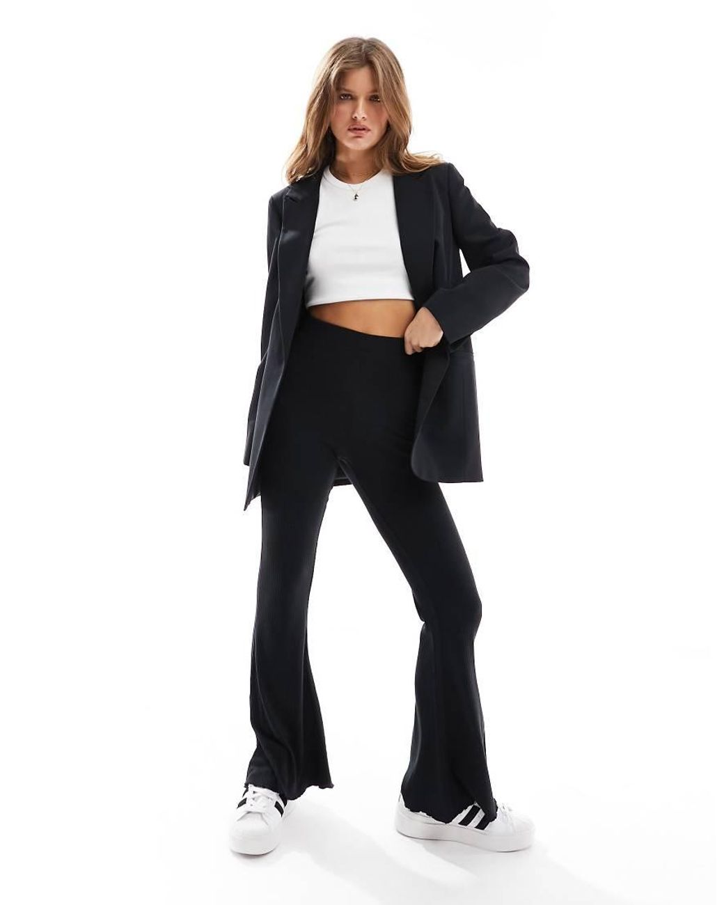 ASOS Black Asos Design Petite Rib Flare Trouser With Lettuce Hem