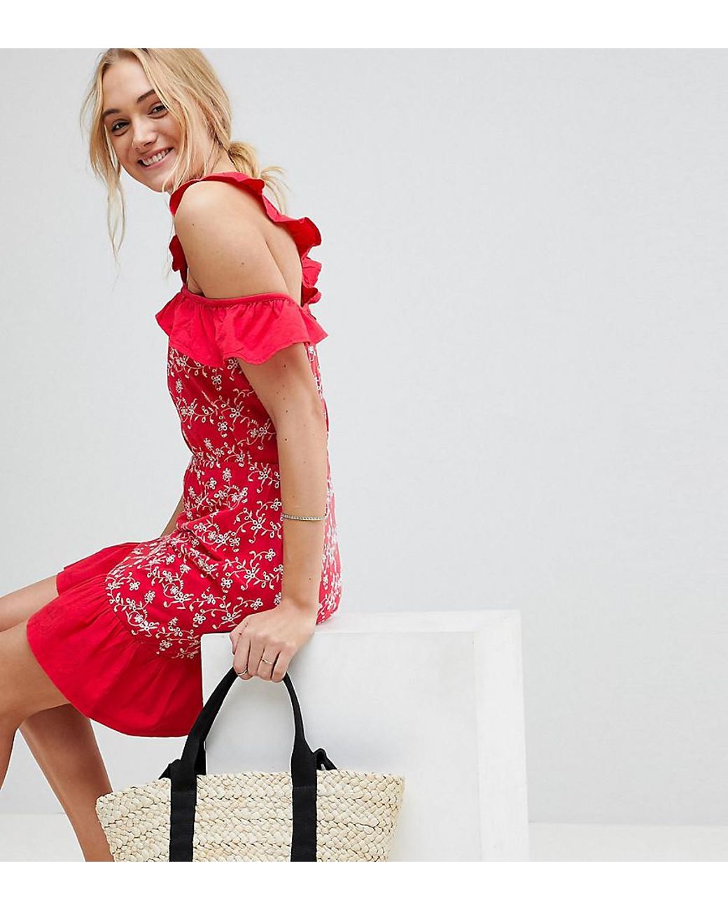 Lyst - Asos Ruffle Cold Shoulder Broderie Sundress in Red