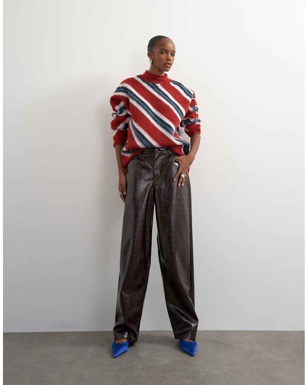TOPSHOP Red Knitted Roll Edge Stripe Sweater