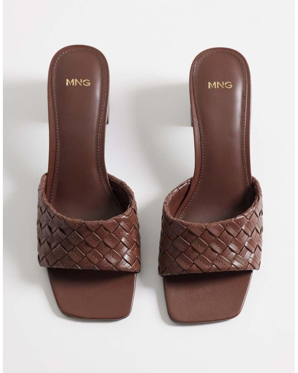 Mango Brown Faux Leather Braided Block Heeled Mules