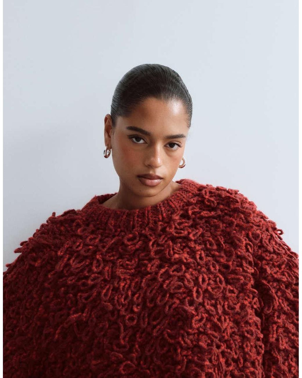 ARRANGE Red Curve Wool Blend Hand Knit Ultimate Loop Fringe Jumper
