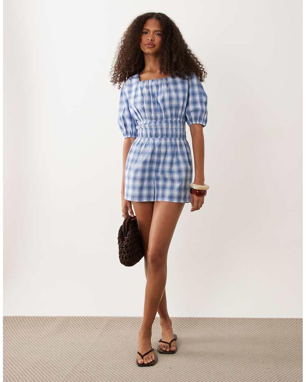 Wednesday's Girl Blue Wednesdays Girl Shirred Waist Tie Back Playsuit