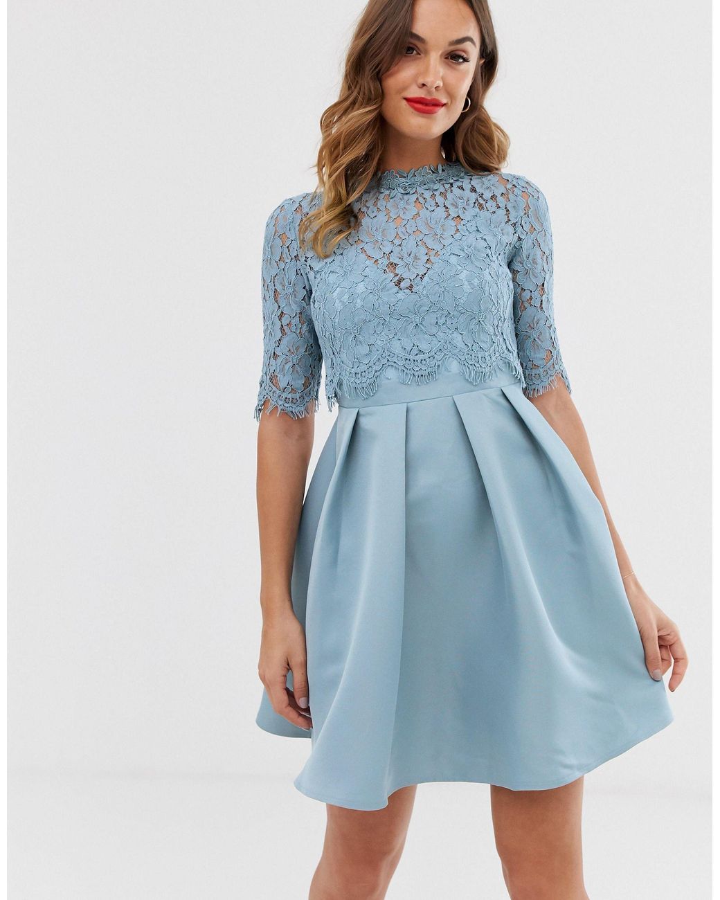 Little Mistress 3 4 Sleeve Skater Dress With Lace Upper in Blue Lyst