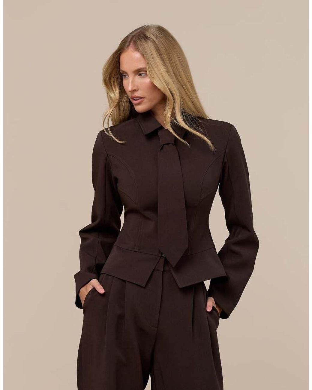 Wanderdoll Brown Exclusive Gabriella Zip Through Shirt With Removable Tie Co-Ord