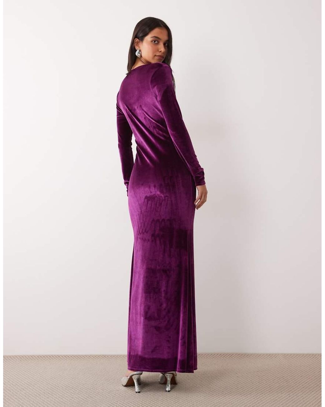 ASOS Purple Velvet Plunge Long Sleeve Maxi Dress