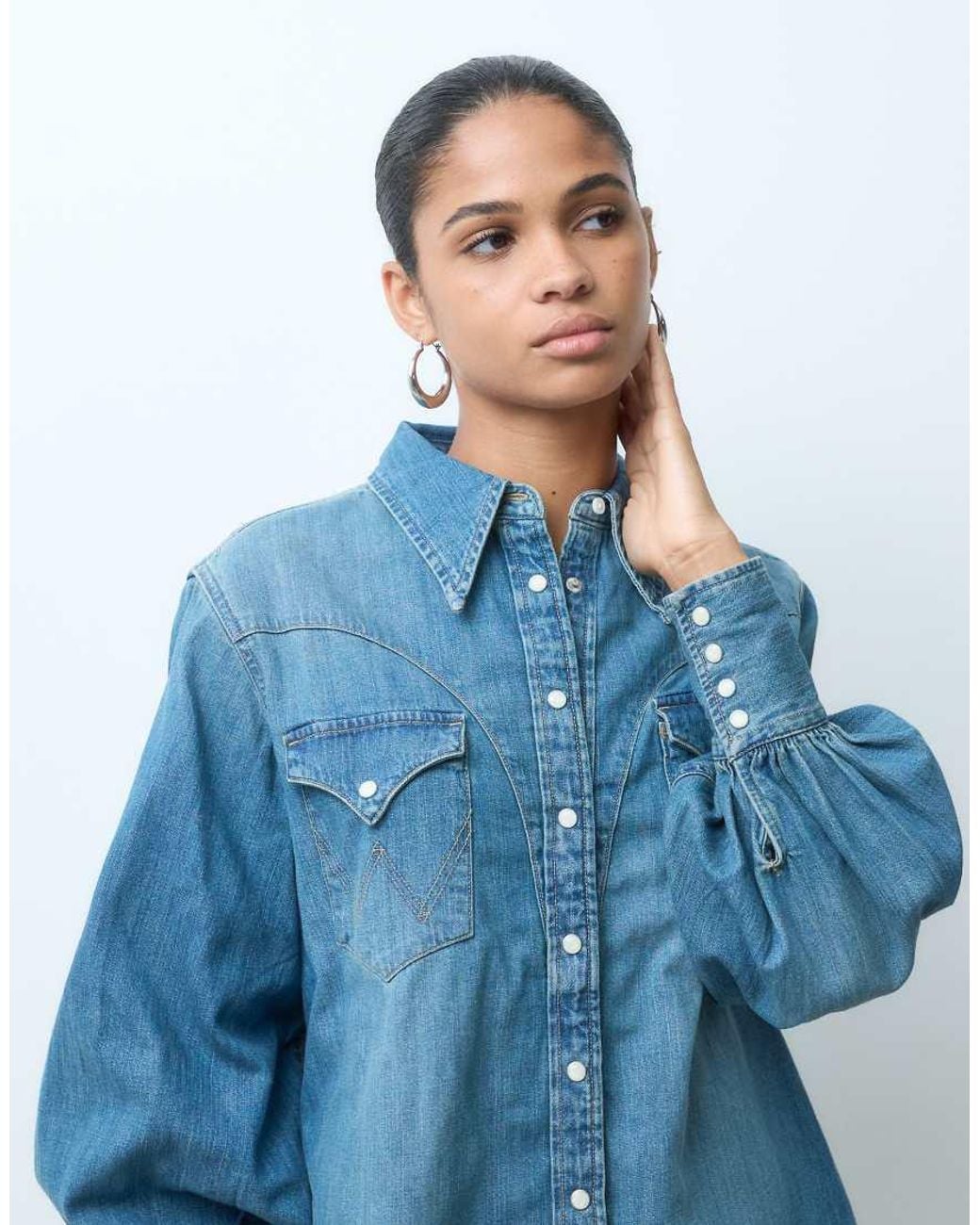 Wrangler Blue Western Denim Shirt With Blouson Sleeves