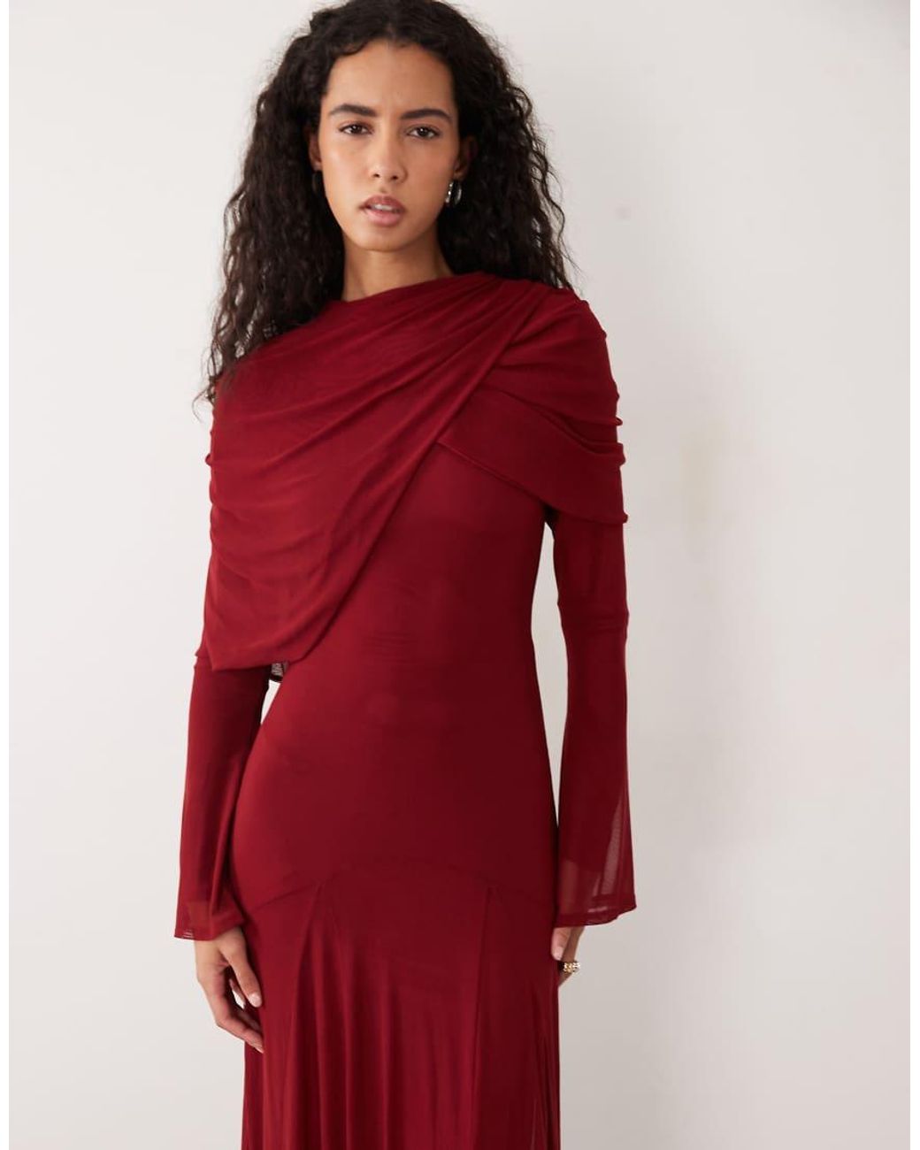 ASOS Red Modesty Mesh Maxi Dress With Overlay Draped Neckline Detail