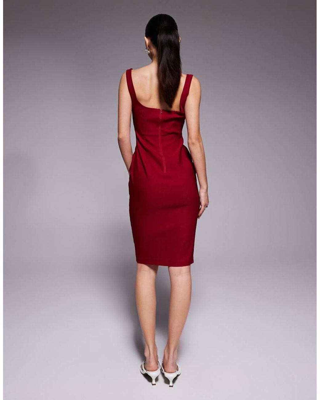 Vesper Petite Red Bengaline Square Neck Bodycon Midi Dress