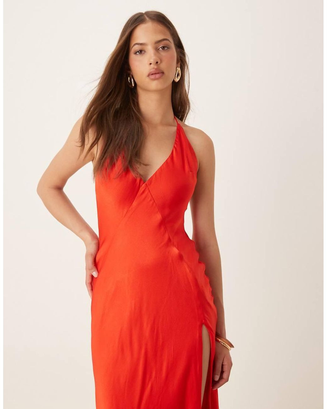 Bardot Red Halterneck Satin Maxi Dress