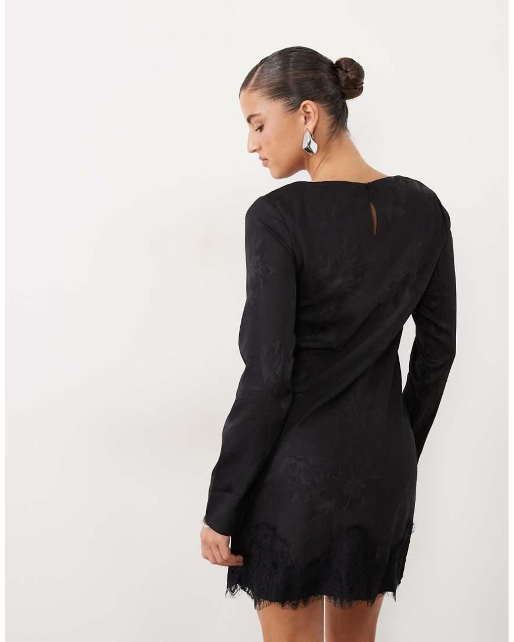 New Look Black Satin Jacquard Lace Trim Mini Dress