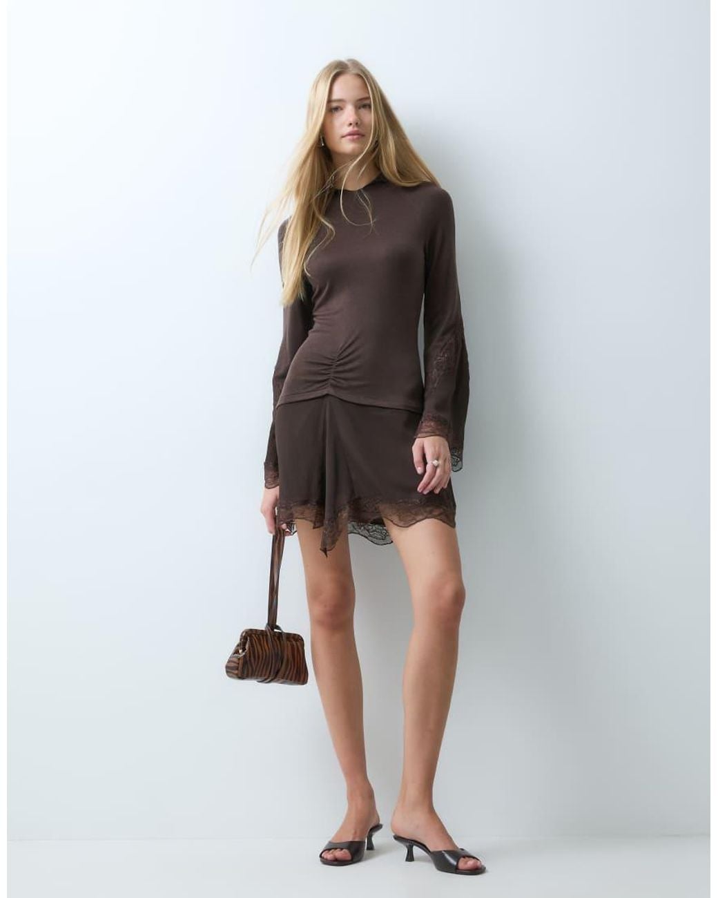 laagam Brown Boho Lace Trim Mini Dress With Fluted Sleeves