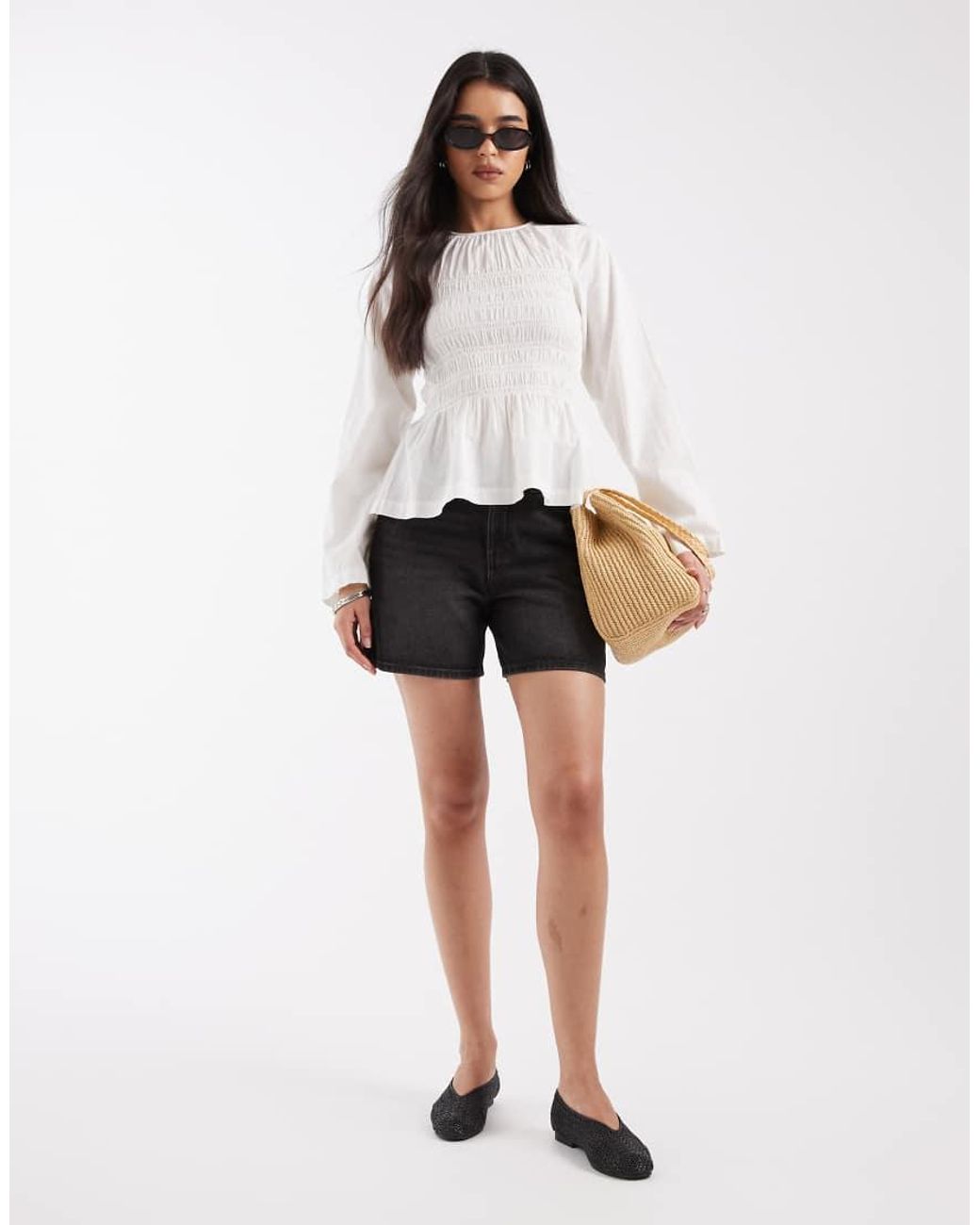 JJXX White Long Sleeve Shirred Top